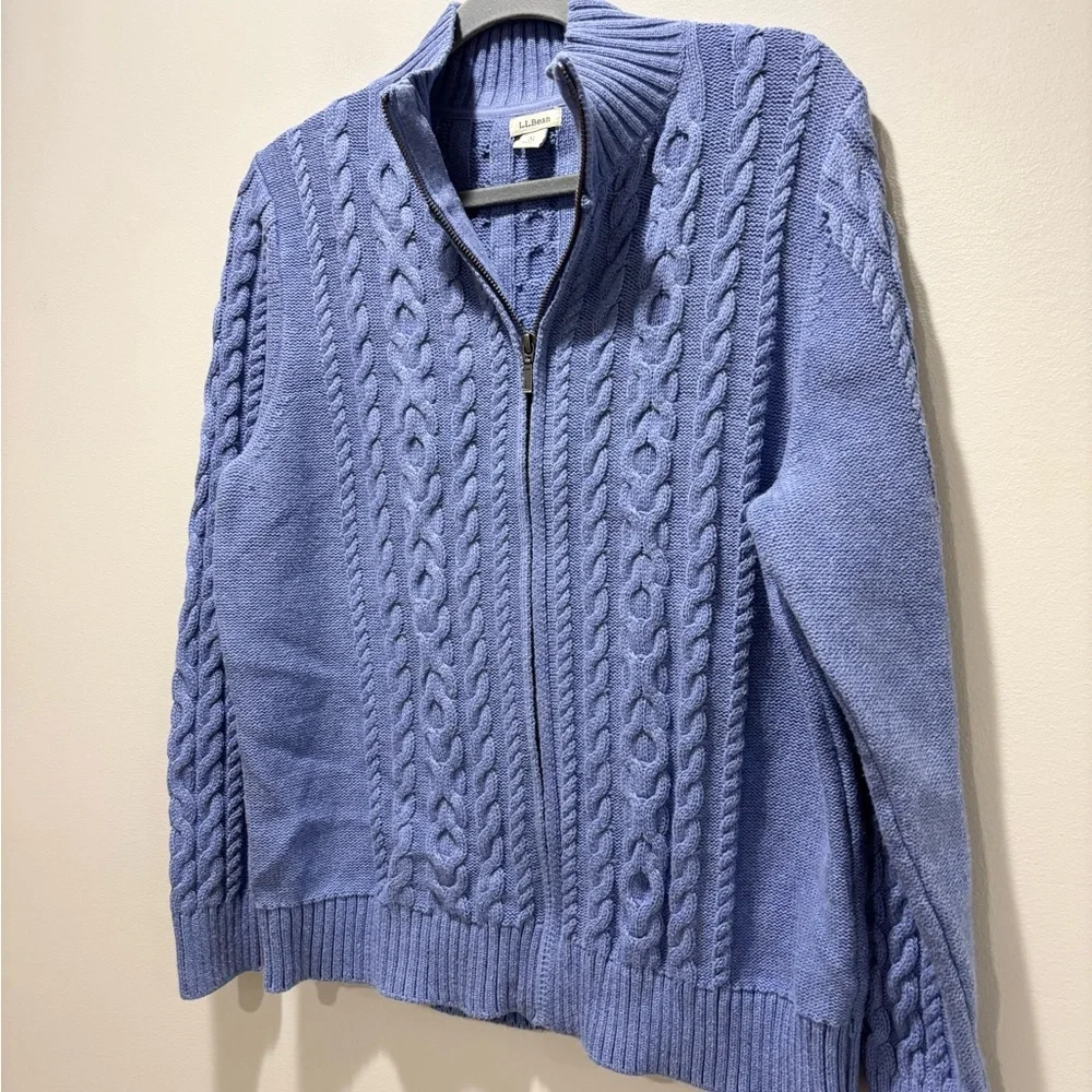 L.L. Bean Women's Blue Cable-Knit Cabin Zip-Up Sweater Cotton Size XL P